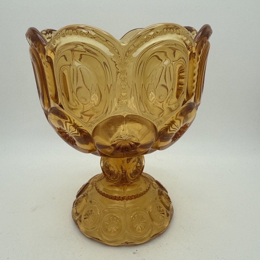 LE Smith Moon and Stars Amber Glass Pedestal Compote Candy Dish No Lid 5.5"H